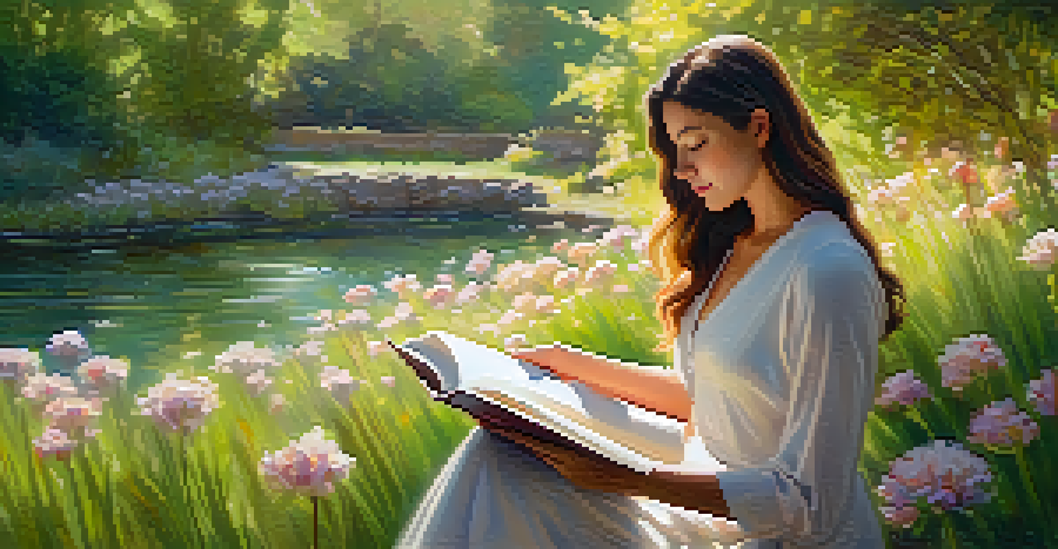 A tranquil portrait of a woman reading in a garden, surrounded by flowers and sunlight, capturing a peaceful moment.