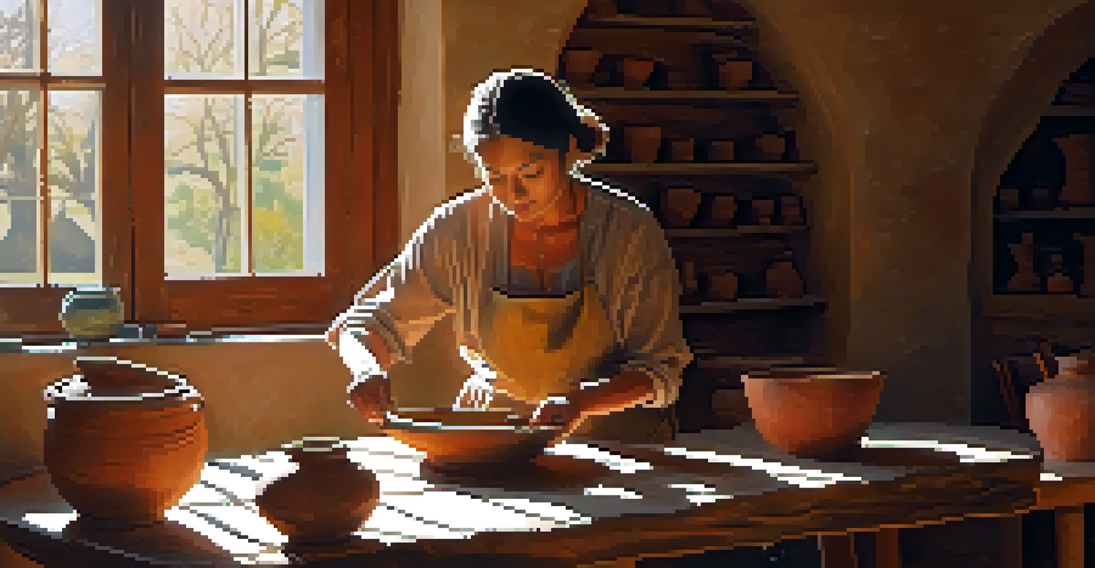 An artist shaping clay in a sunlit studio, surrounded by traditional pottery tools and natural pigments, with warm sunlight casting shadows.
