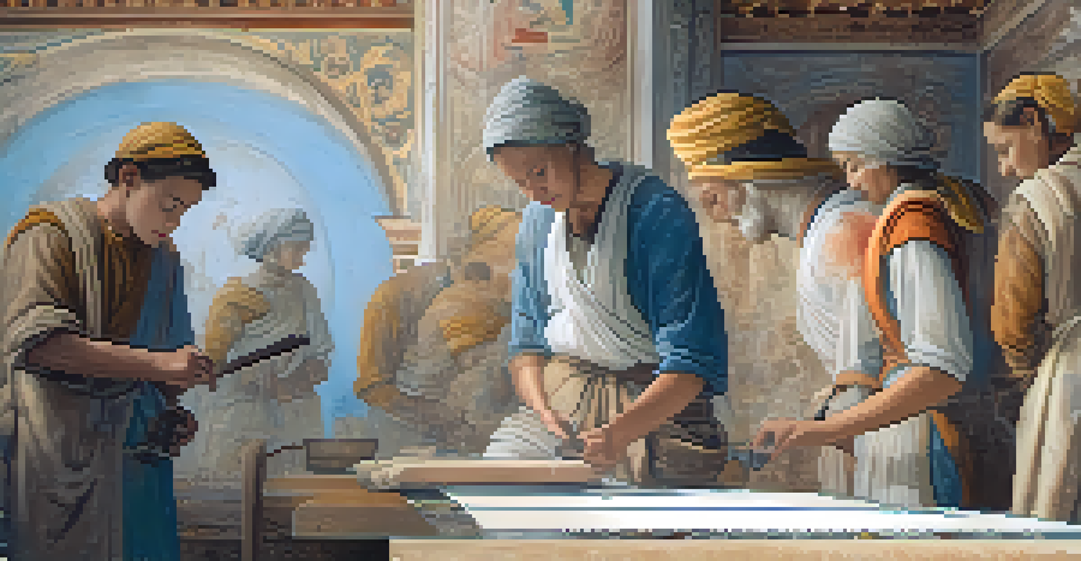 Conservators restoring an ancient fresco, showcasing intricate details and tools used for preservation.