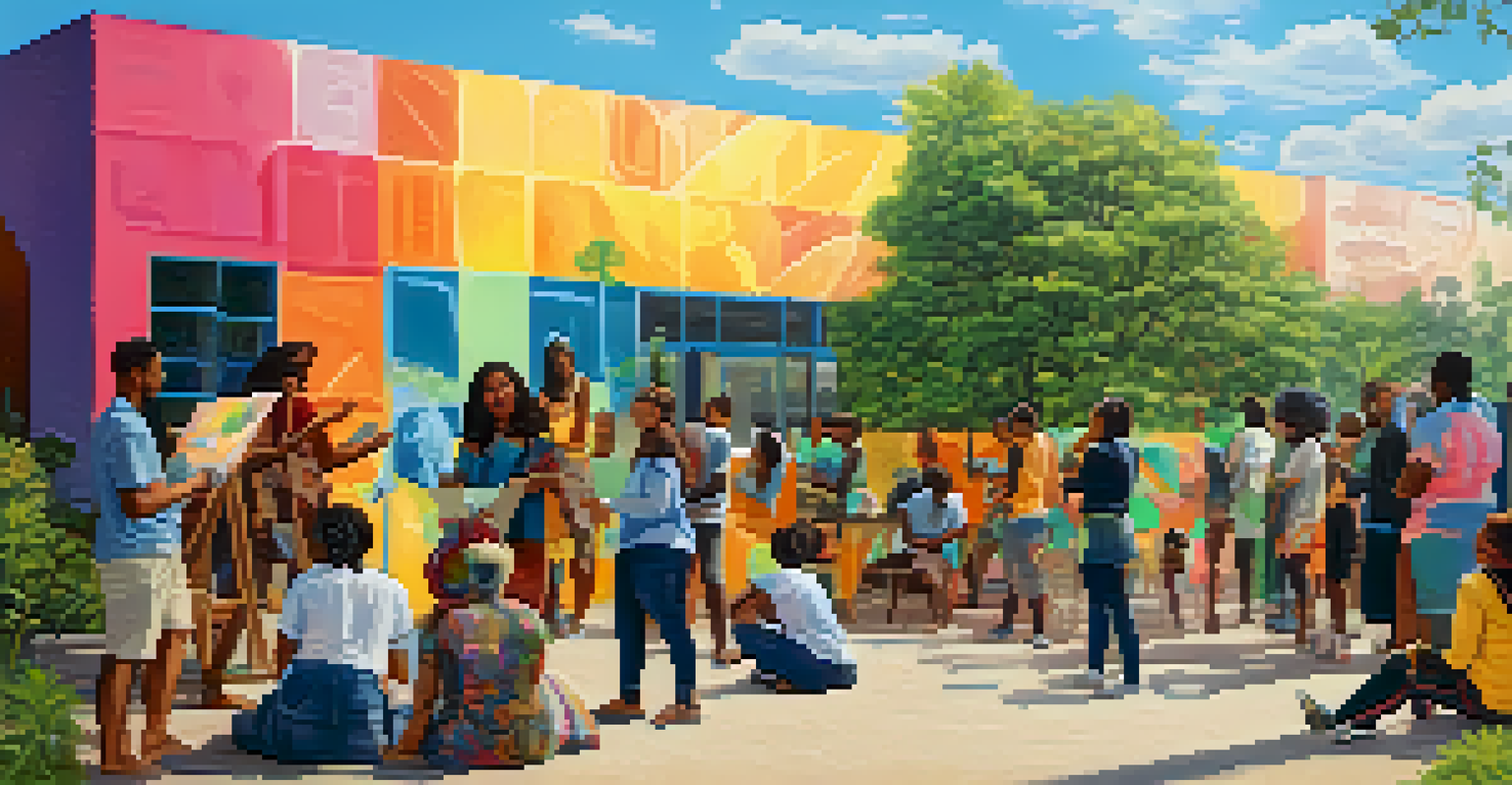 A group of diverse people working together on a mural that celebrates gender inclusivity in a sunny outdoor setting.