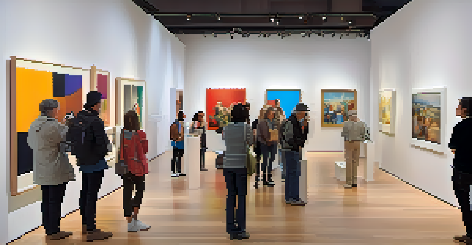 An art gallery bustling with visitors admiring contemporary artworks on display.