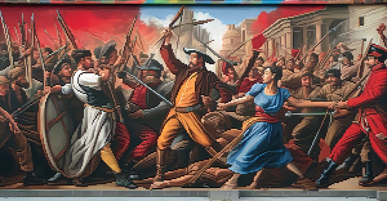 A dramatic mural depicting a historical scene of revolution, showcasing figures engaged in a passionate struggle for justice.