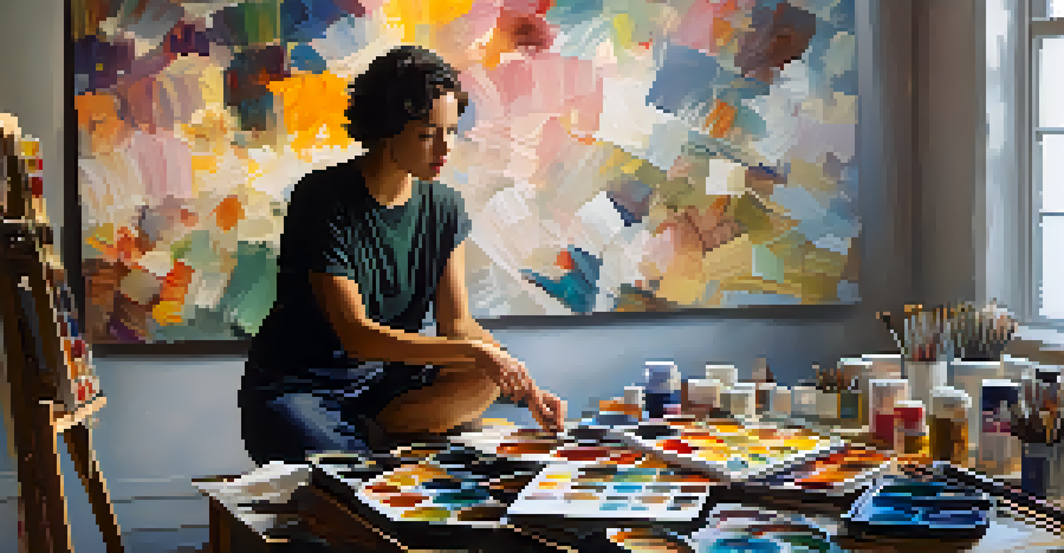 An impressionistic self-portrait of an artist in a studio, showcasing creativity and deep thought amidst art supplies.