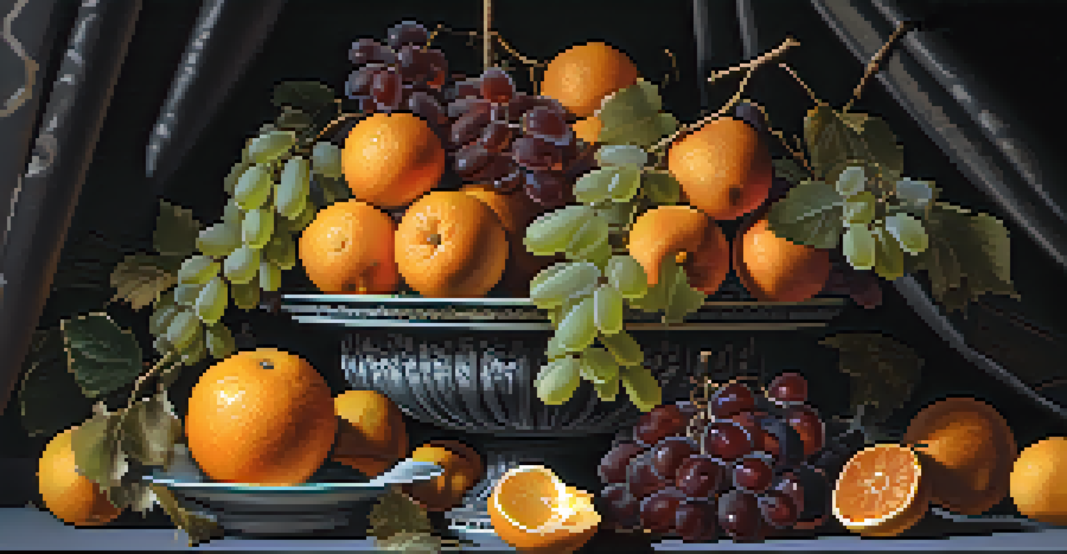 A still life with overlapping oranges and grapes on a dark fabric, featuring dramatic lighting and depth.