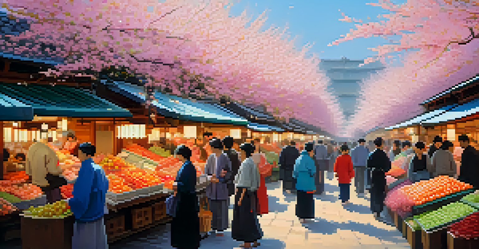 A vibrant market scene blending traditional Japanese elements with Impressionist style, featuring colorful stalls and cherry blossoms.