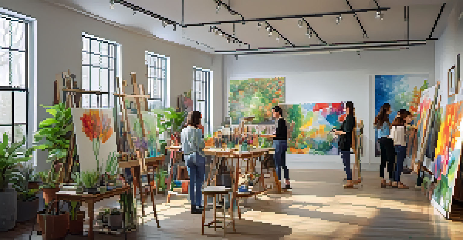 A bright art studio with students collaborating on colorful paintings, surrounded by art supplies and displayed artworks.