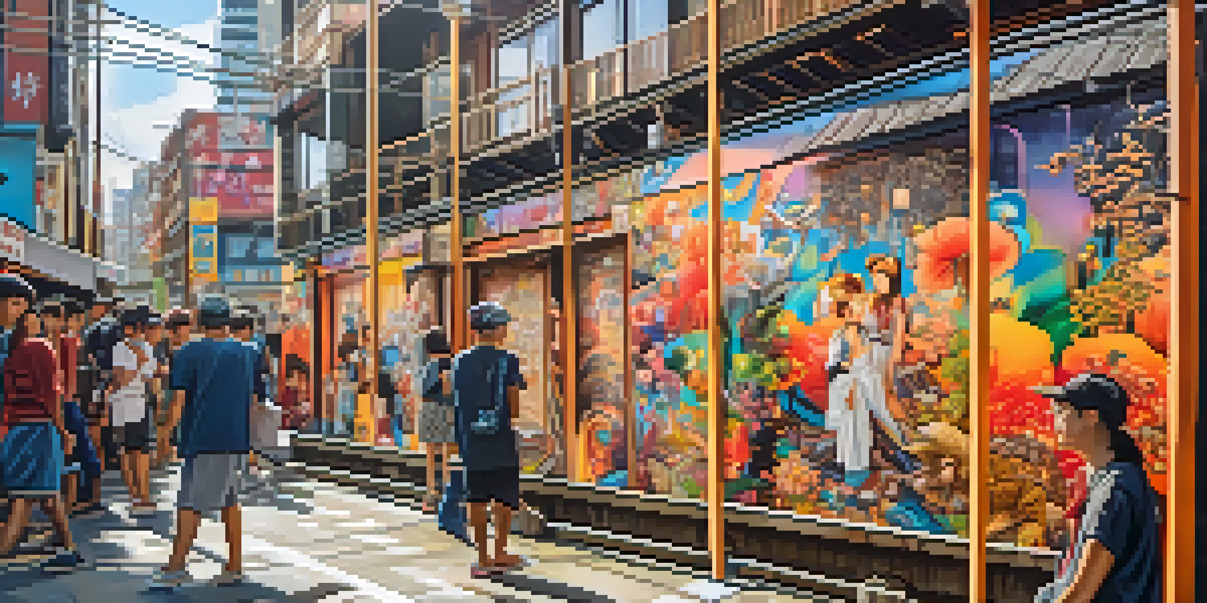A colorful street mural that mixes traditional Japanese art and modern graffiti, set in a lively urban area with people enjoying the artwork.