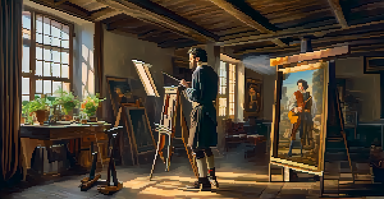 An artist in a Baroque studio painting a young man, surrounded by colorful canvases and warm golden light from a window.