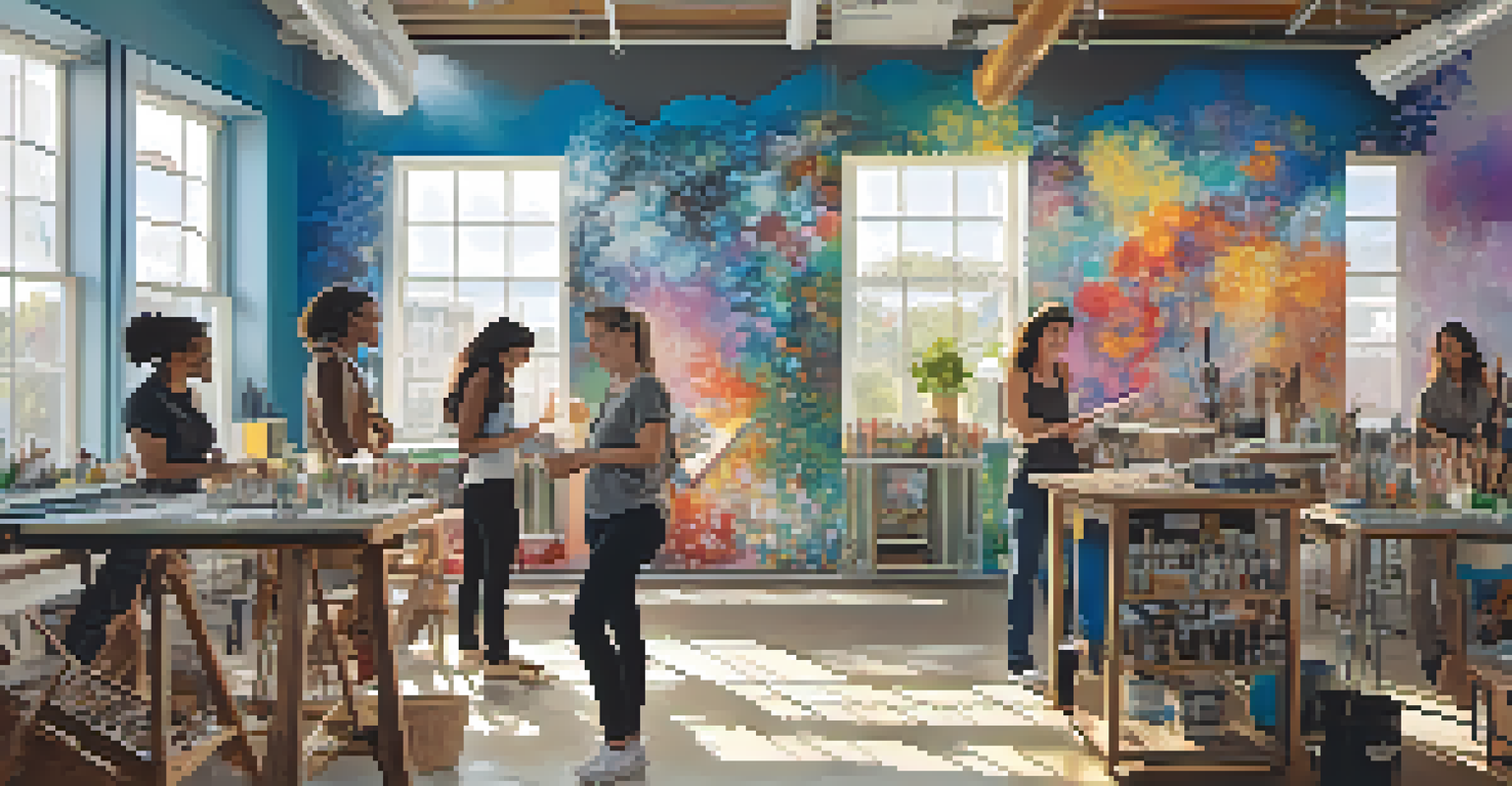 A diverse group of women artists collaborating in a bright studio, working on a large mural with colorful artworks surrounding them.