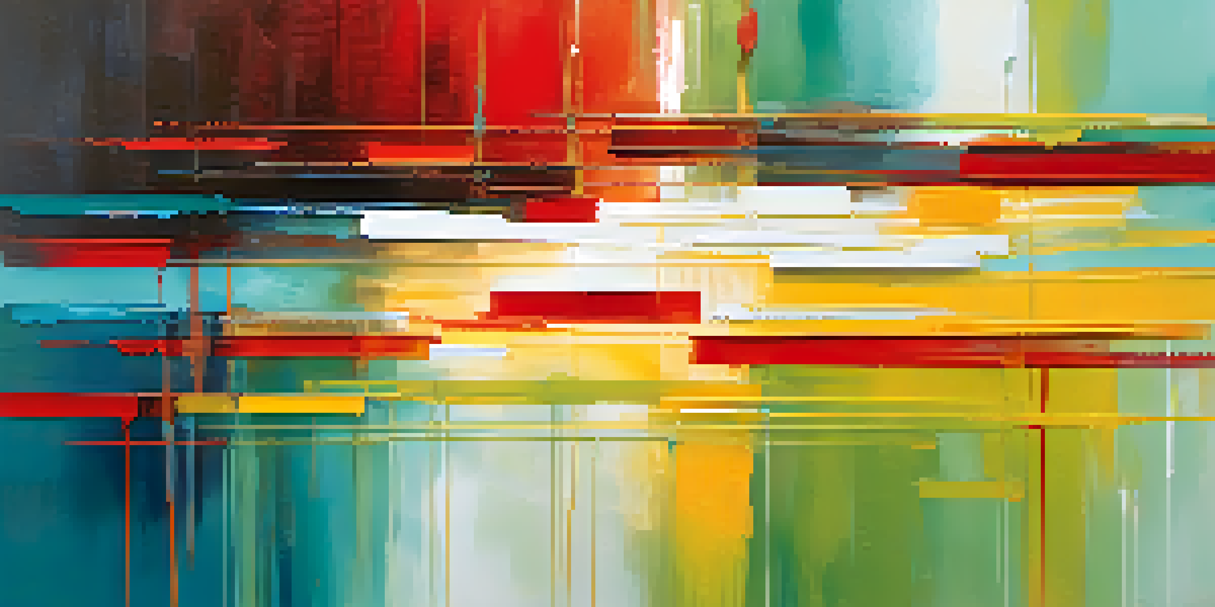 An abstract painting with bold red and yellow strokes alongside calming blue and green hues, showcasing texture and depth.