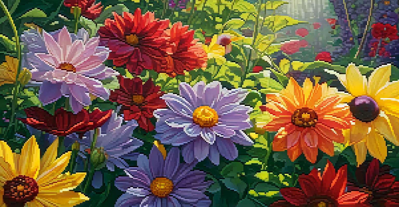 A close-up of a colorful blooming garden with flowers in vibrant colors and morning dew, illuminated by sunlight.