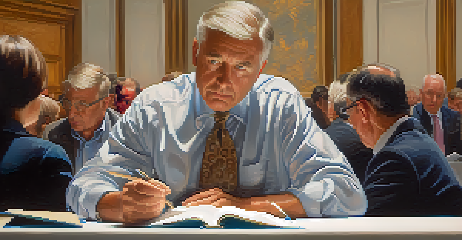 A focused bidder at an art auction, holding a paddle and notepad, surrounded by blurred images of artworks.