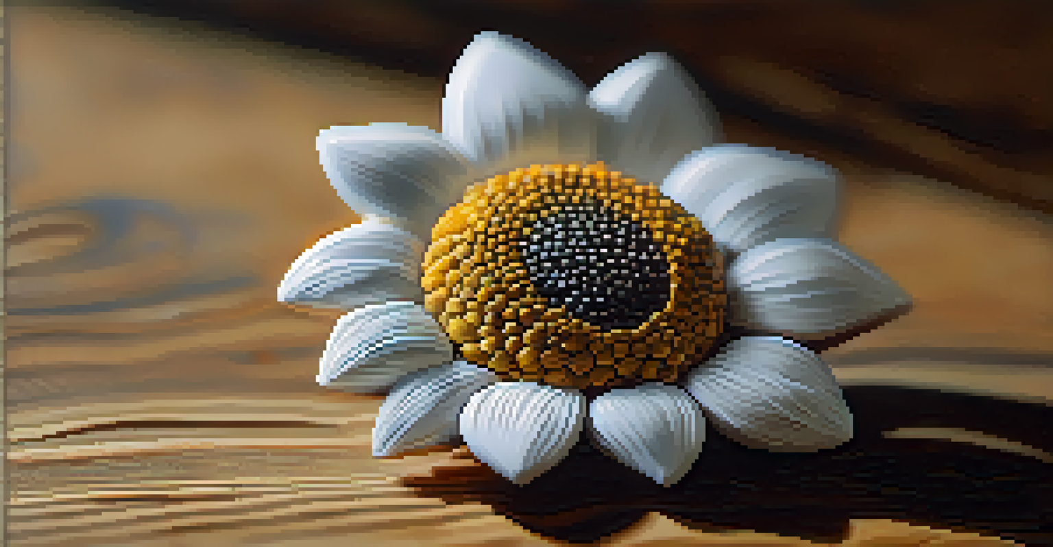 A close-up of a handcrafted porcelain sunflower seed on a wooden surface, showing its intricate details and delicate texture.