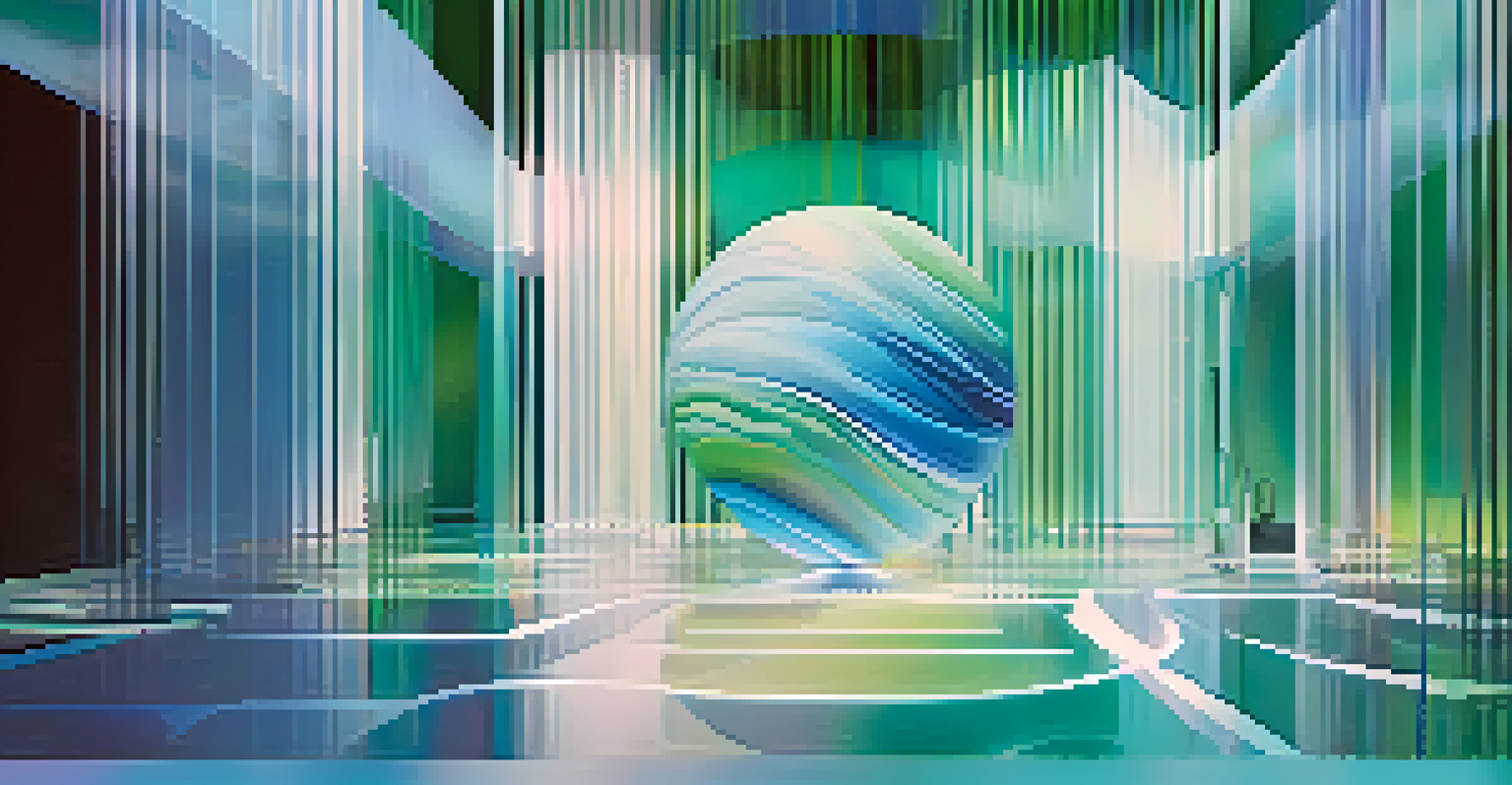 A digital abstract artwork with light patterns and fluid lines representing the evolution of gender identity, showcasing cool and warm colors.
