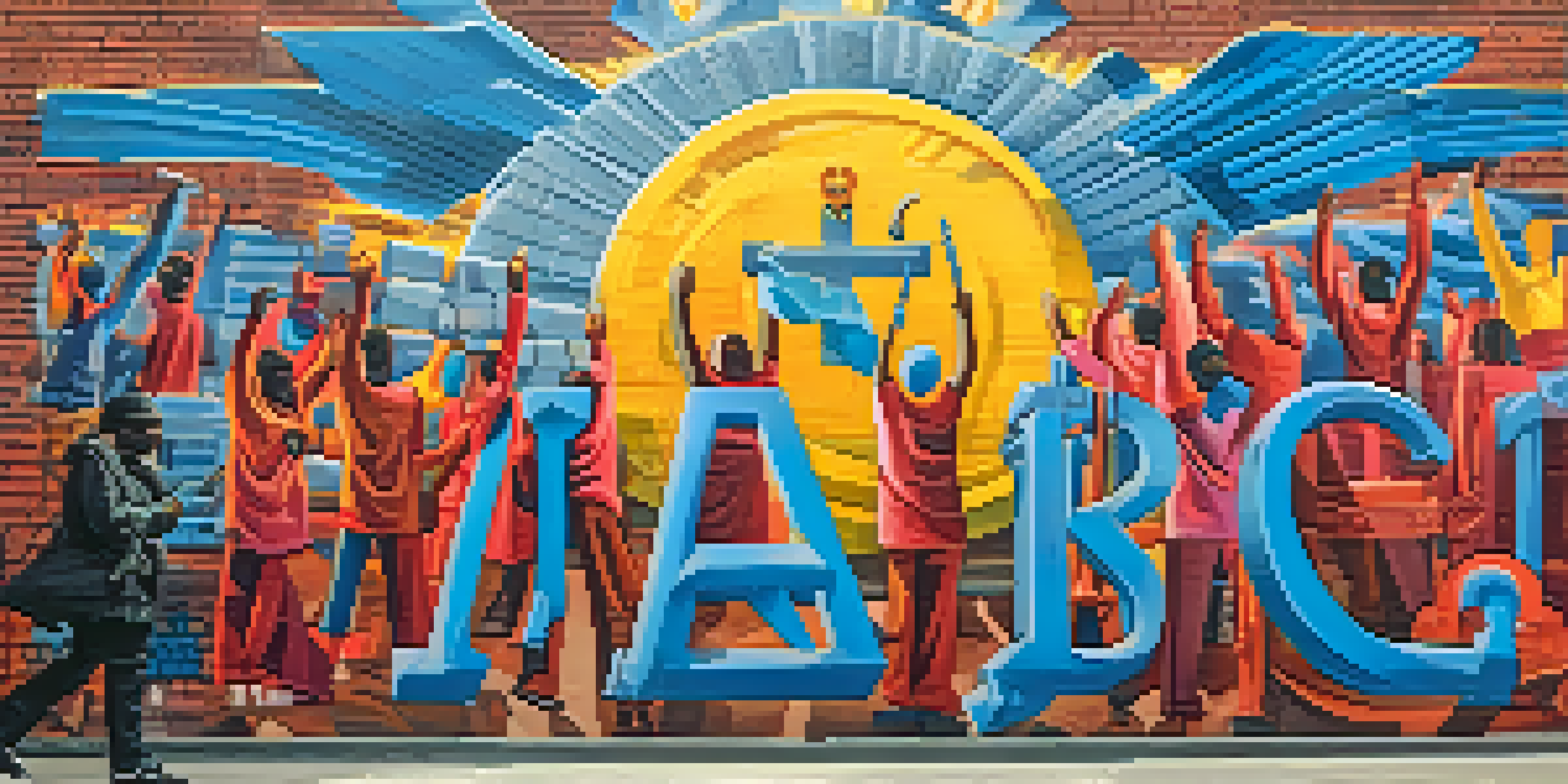 A colorful street art mural showing diverse individuals standing together in a protest for social justice, illuminated by sunlight.