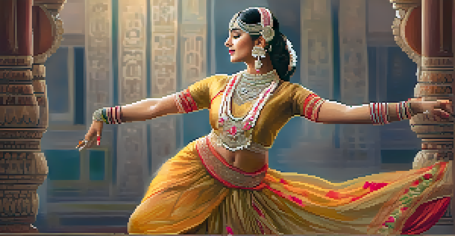 A classical Indian dancer performing gracefully, surrounded by soft, decorative elements.