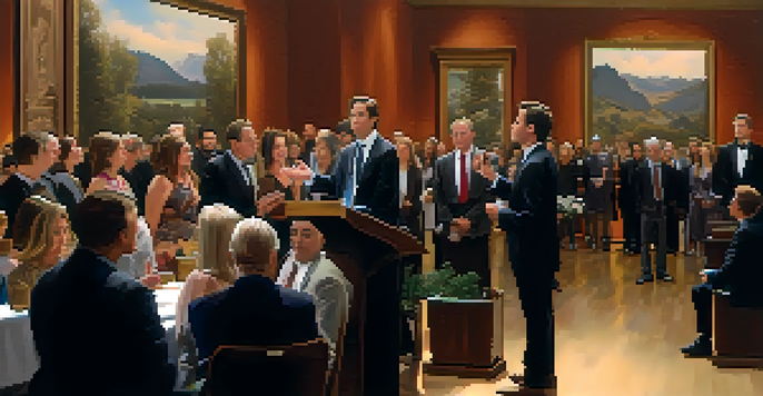 An art auction scene with an auctioneer and audience bidding on displayed artworks in a well-lit gallery.