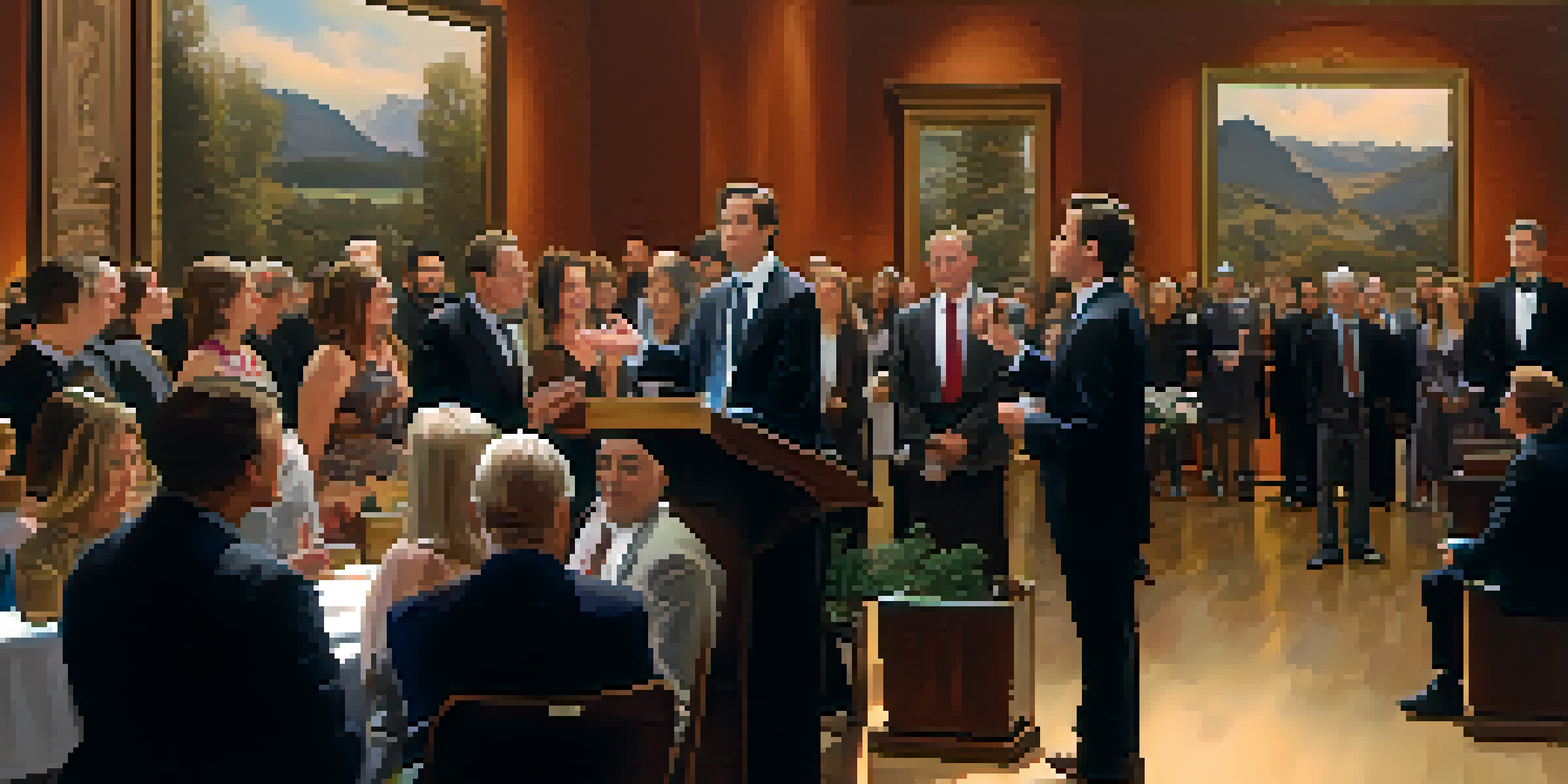 An art auction scene with an auctioneer and audience bidding on displayed artworks in a well-lit gallery.
