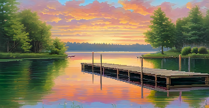 A tranquil lake at sunset with vibrant colors reflecting off the water and lush green trees surrounding the scene.