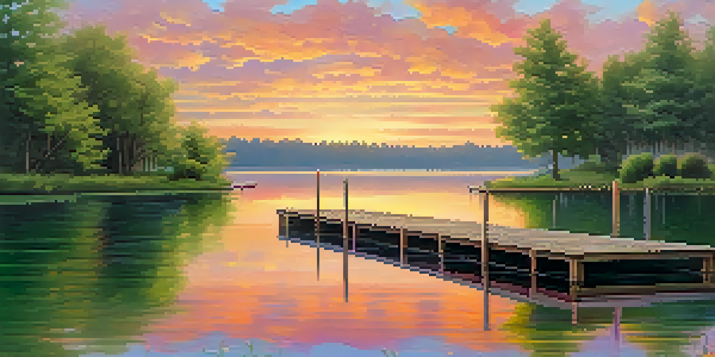 A tranquil lake at sunset with vibrant colors reflecting off the water and lush green trees surrounding the scene.