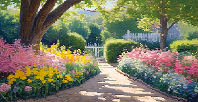 A colorful garden scene with blooming flowers and a winding path under a blue sky, showcasing loose brushwork and vibrant colors.