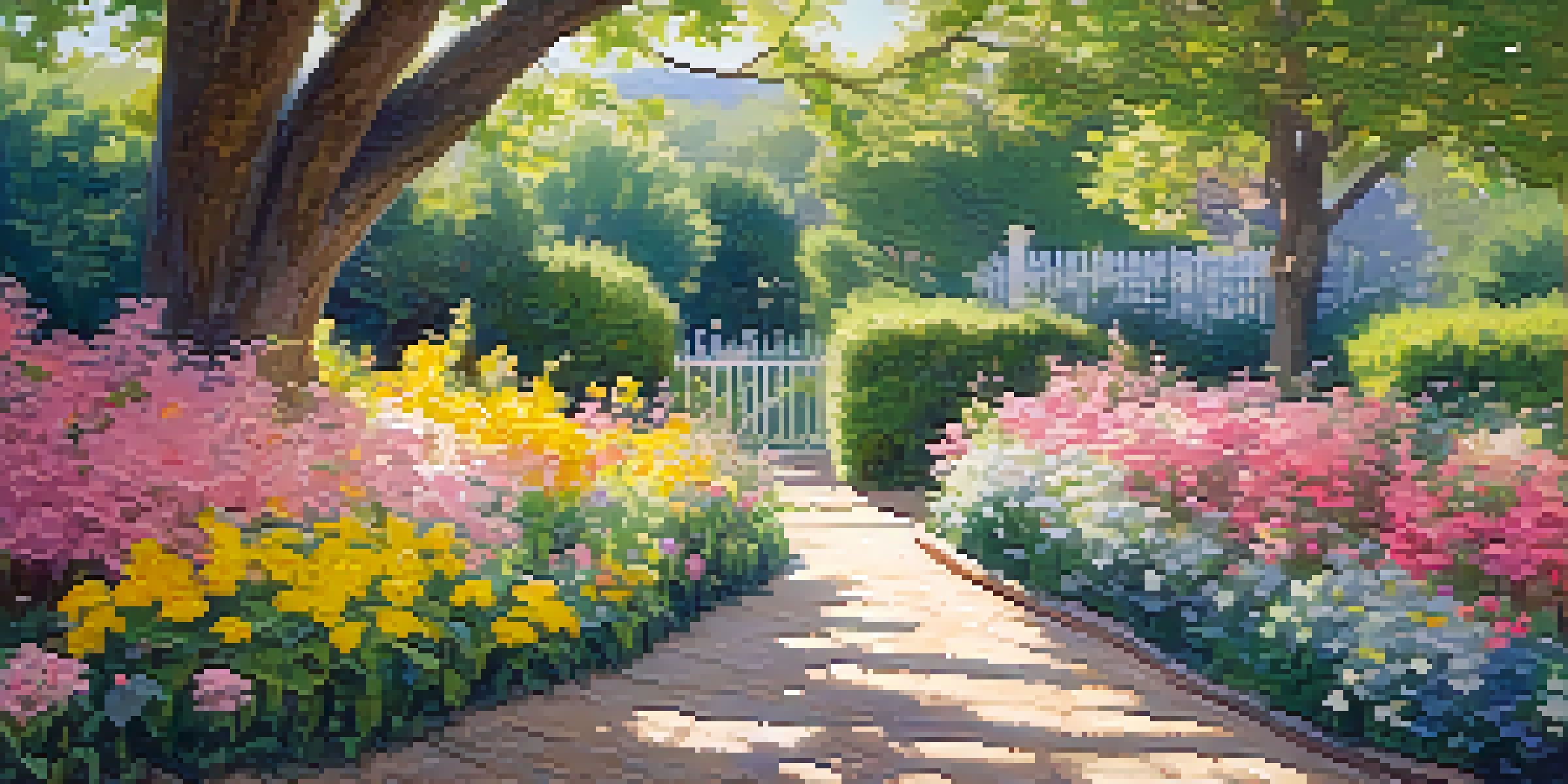 A colorful garden scene with blooming flowers and a winding path under a blue sky, showcasing loose brushwork and vibrant colors.