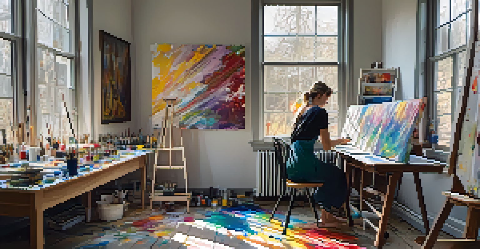 A tranquil artist's studio with canvases, paint supplies, and the artist painting in a well-lit space.