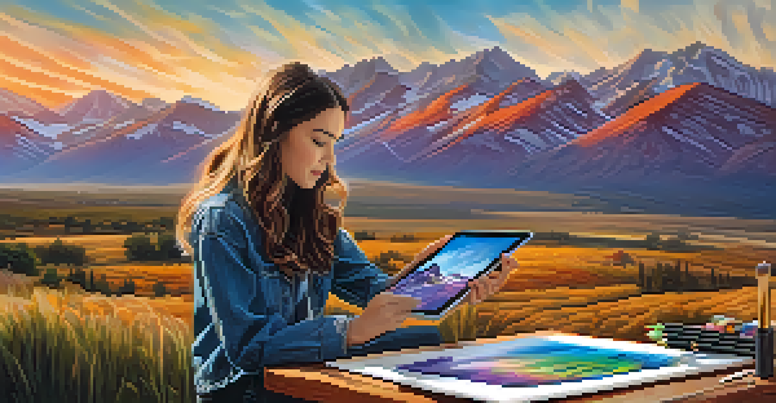An artist using a tablet to create a landscape artwork, surrounded by traditional and digital art supplies.