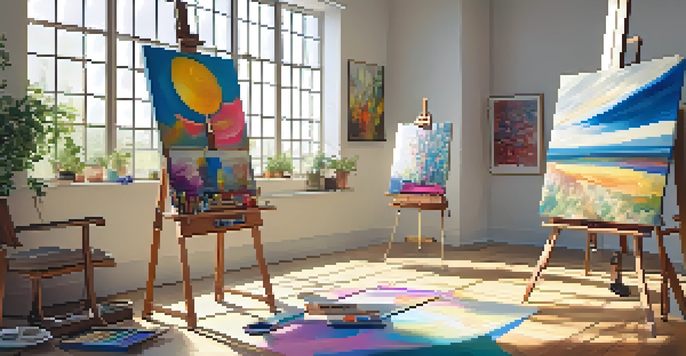 A bright art therapy studio with an easel, colorful abstract painting, and art supplies, illuminated by natural light.