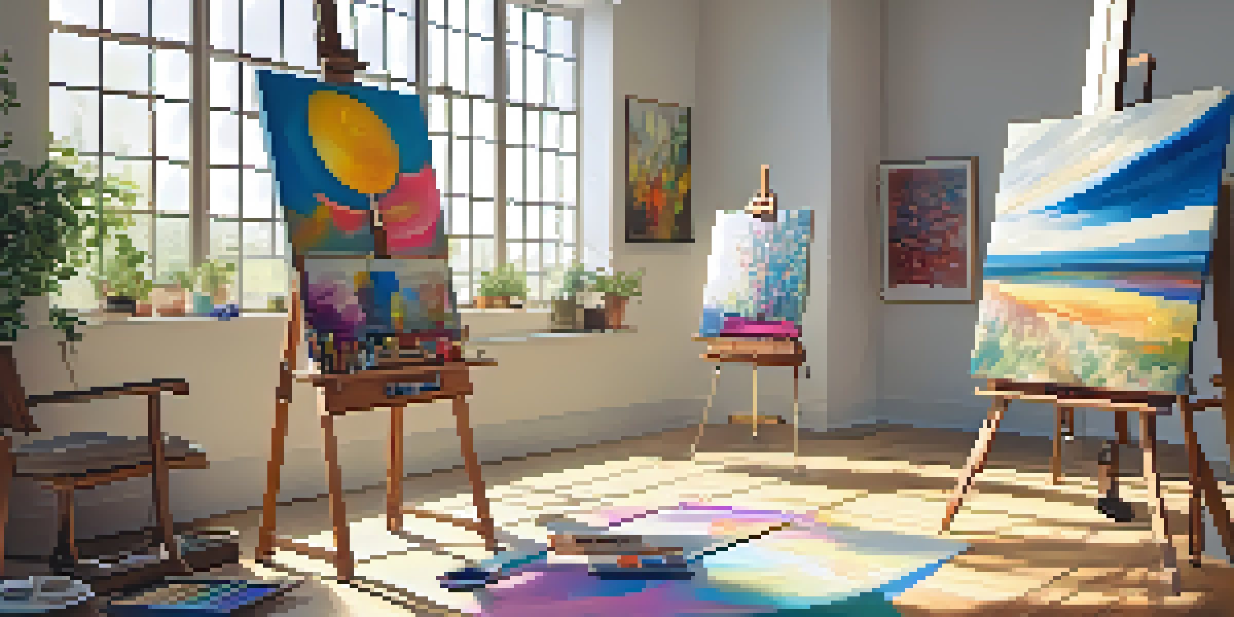 A bright art therapy studio with an easel, colorful abstract painting, and art supplies, illuminated by natural light.