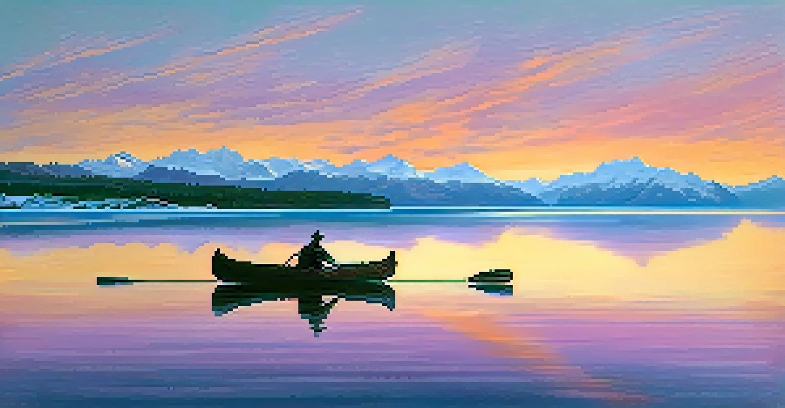 A tranquil sunset over a lake with snow-capped mountains, featuring a canoe with two people.