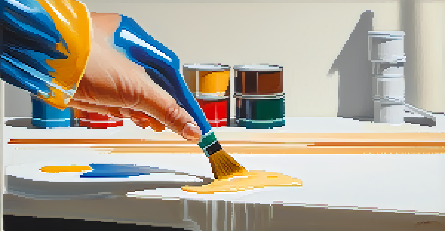 A close-up of a hand painting a wall with a brush, showing vibrant paint and neat painter's tape.