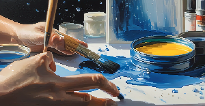 A painter's hand applying blue paint to a textured canvas, with various art supplies in the background.