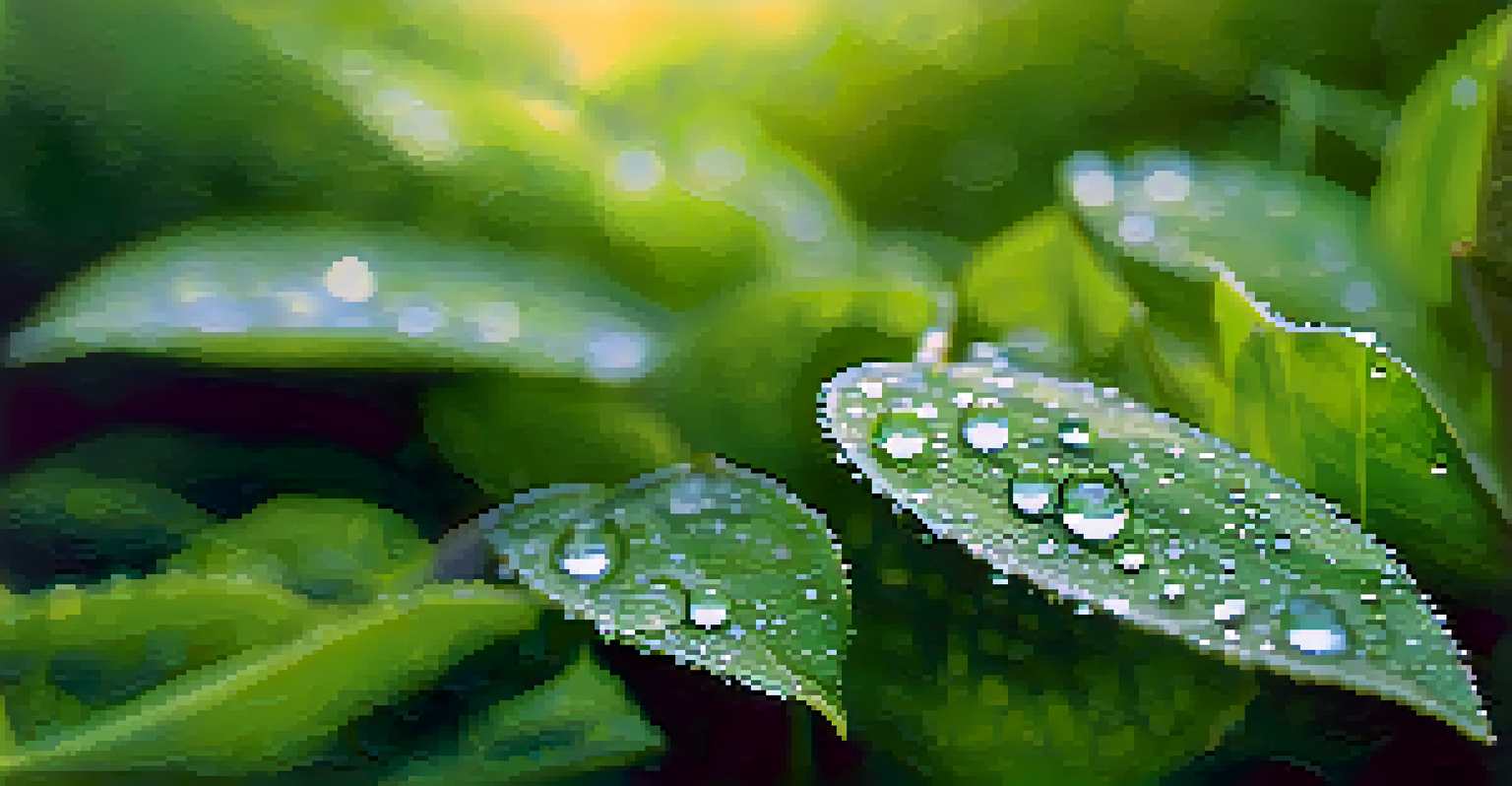 A close-up image of fresh green leaves with dew drops sparkling in the morning light, creating an atmosphere of tranquility.