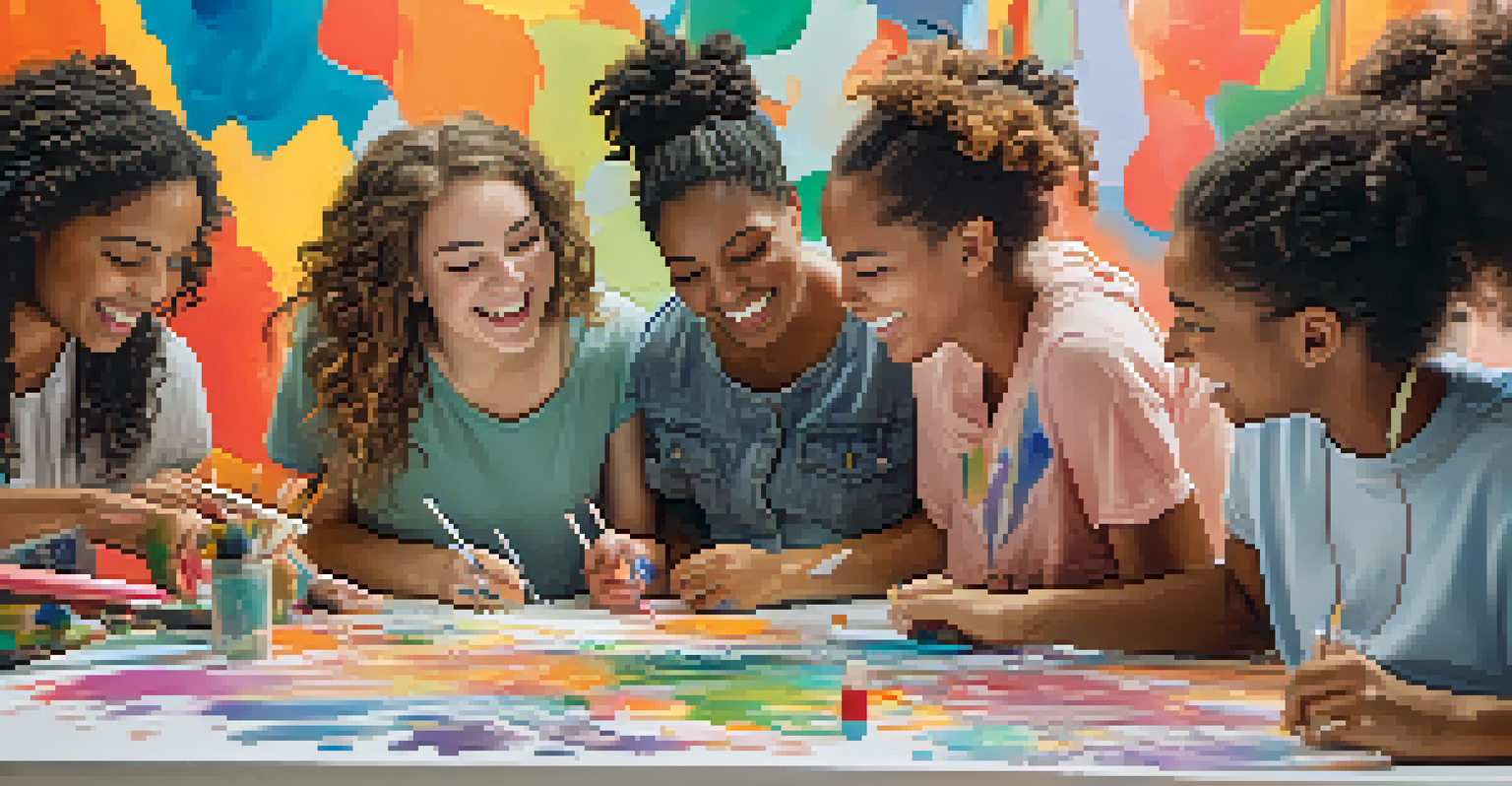 A diverse group of students collaborating on a colorful mural, smiling and sharing ideas during an art therapy session.