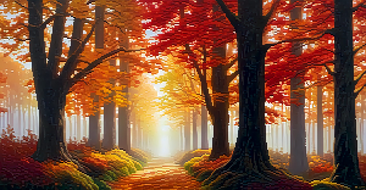 A colorful autumn forest with a winding path and a sunset glow.