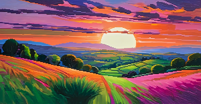 A colorful abstract landscape depicting a sunset over hills with exaggerated colors and thick brush strokes.