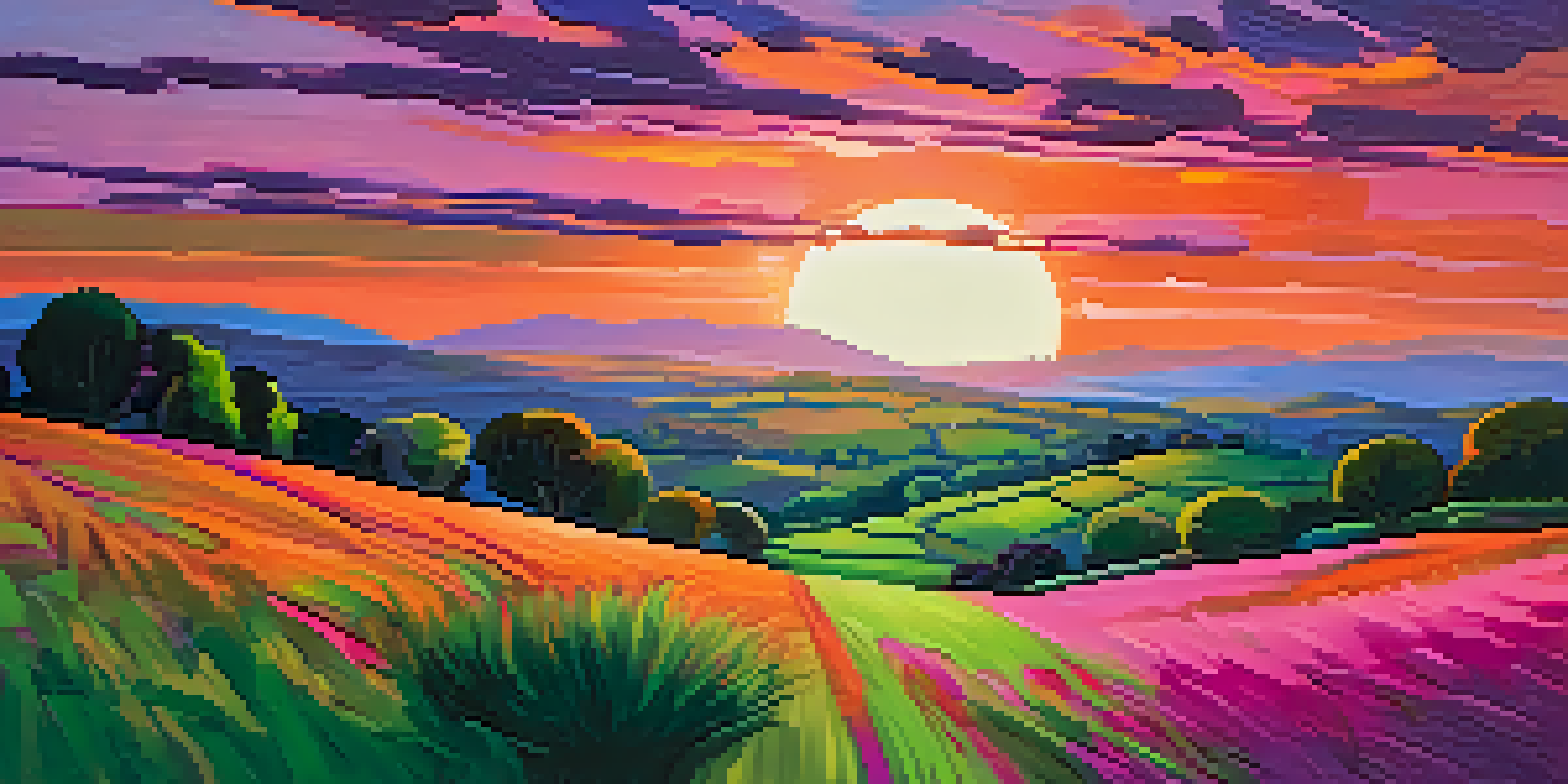 A colorful abstract landscape depicting a sunset over hills with exaggerated colors and thick brush strokes.