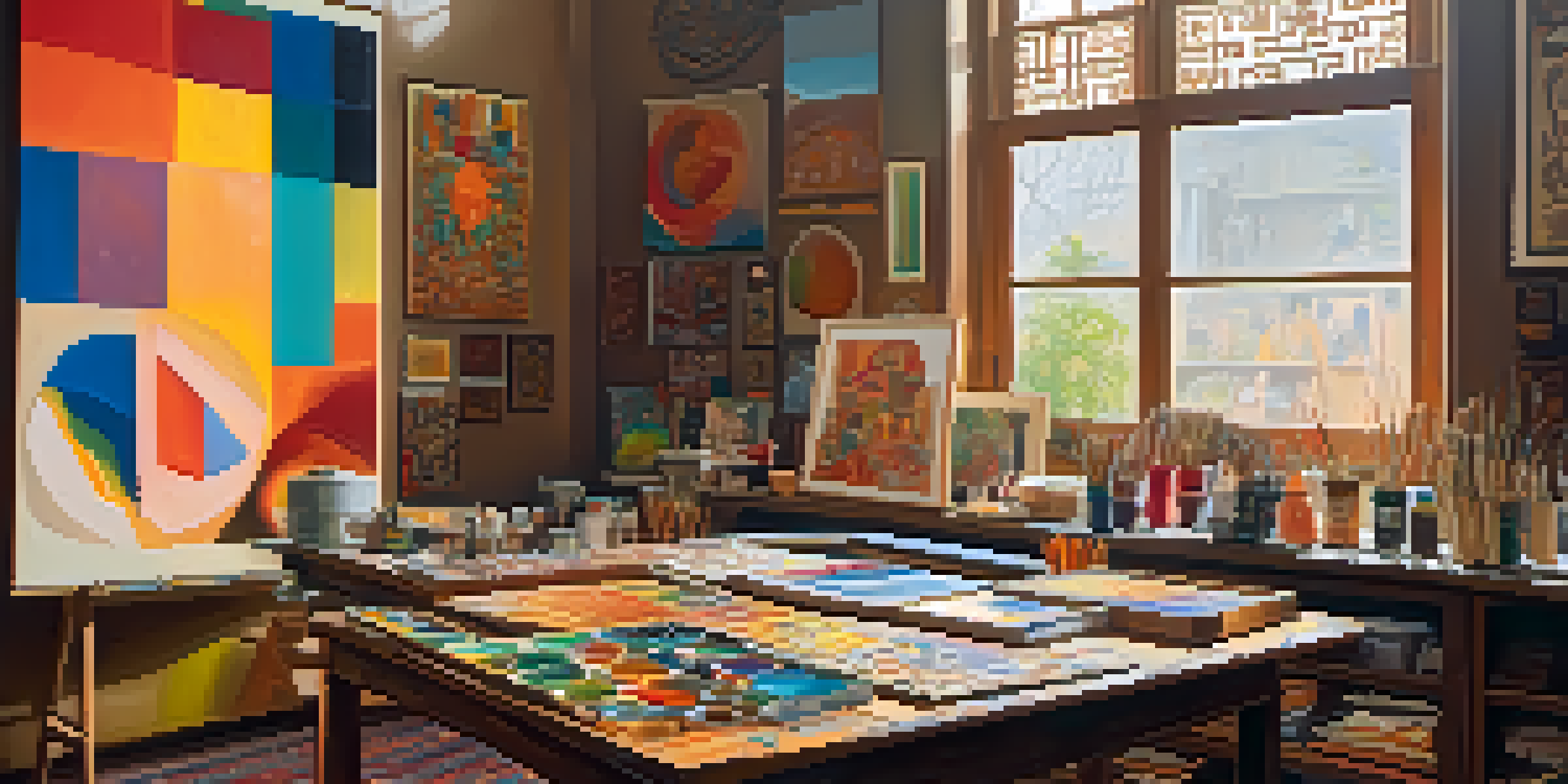 An artist's studio with colorful canvases, warm natural light, and art supplies scattered around, reflecting various cultural motifs.