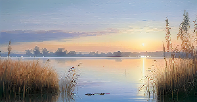 A peaceful dawn landscape with a calm lake reflecting soft pastel colors, surrounded by delicate reeds and mist.