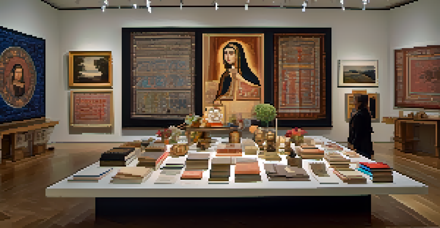 An installation art piece highlighting women's contributions, with symbolic objects on a table in a gallery.