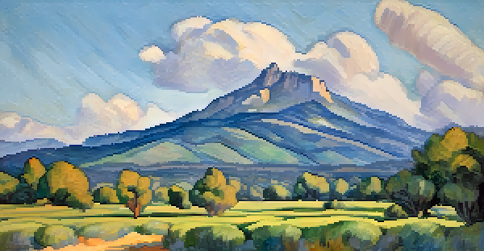 A picturesque view of Mont Sainte-Victoire under a bright sky, with greenery in the foreground and soft clouds above.