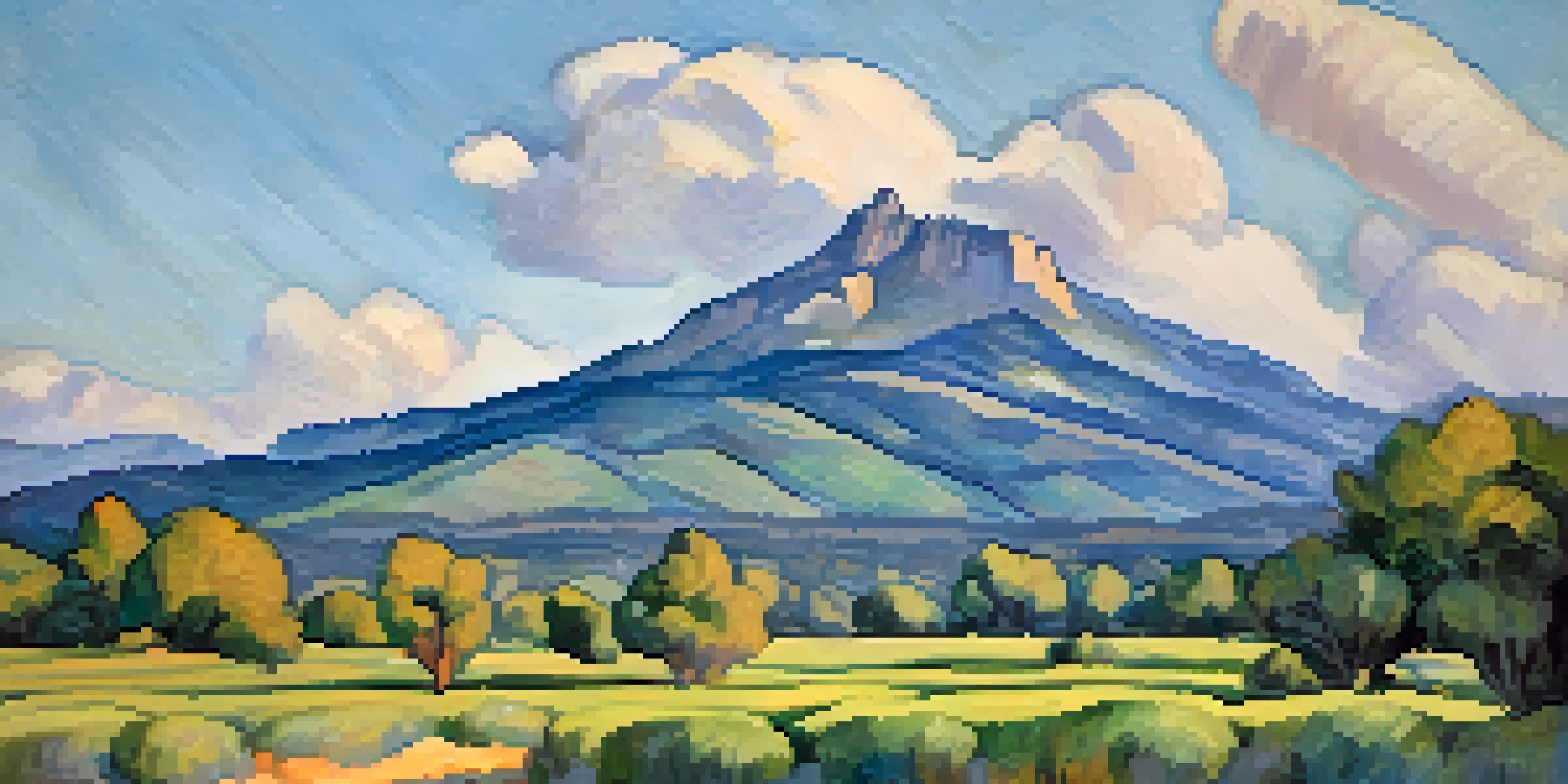 A picturesque view of Mont Sainte-Victoire under a bright sky, with greenery in the foreground and soft clouds above.