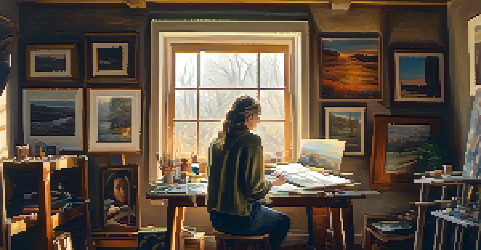 An artist working in a warm, cozy studio filled with canvases, paintbrushes, and soft natural light.
