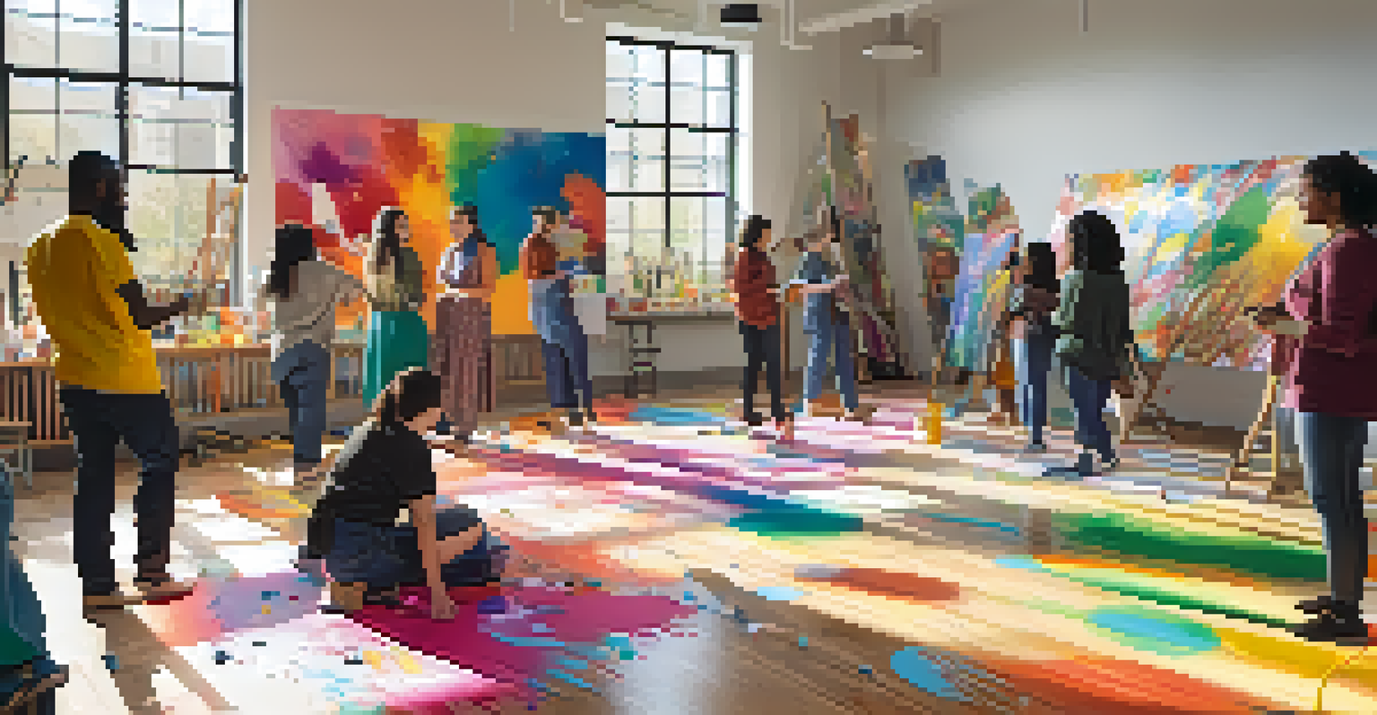 A diverse group of artists collaborating on a mural in a community workshop, with vibrant colors and paint splatters around.