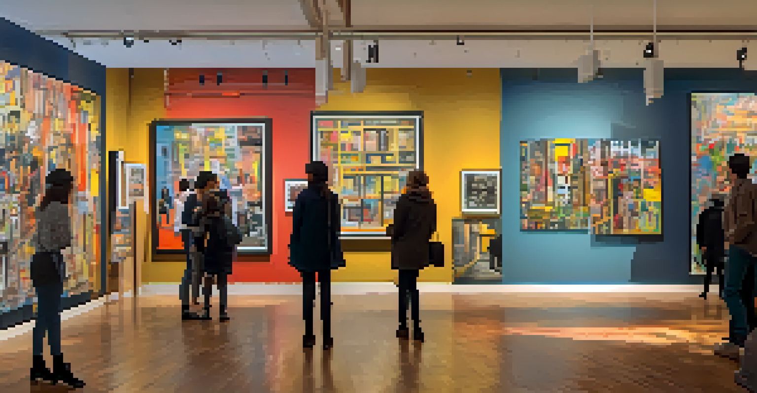 An art gallery filled with colorful paintings inspired by Jean-Michel Basquiat, showcasing a lively atmosphere with visitors admiring the artwork.