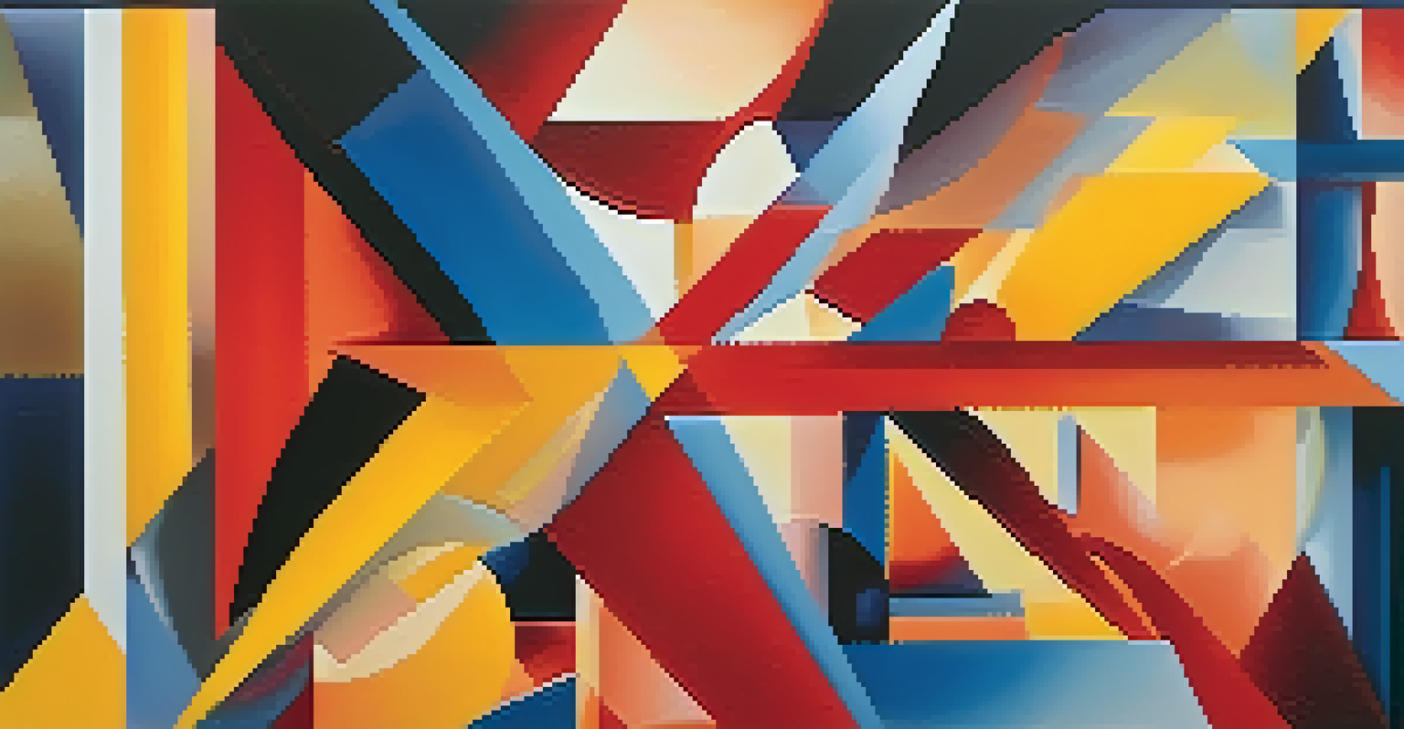 An abstract image with overlapping colorful geometric shapes in reds, yellows, and blues against a gradient background.