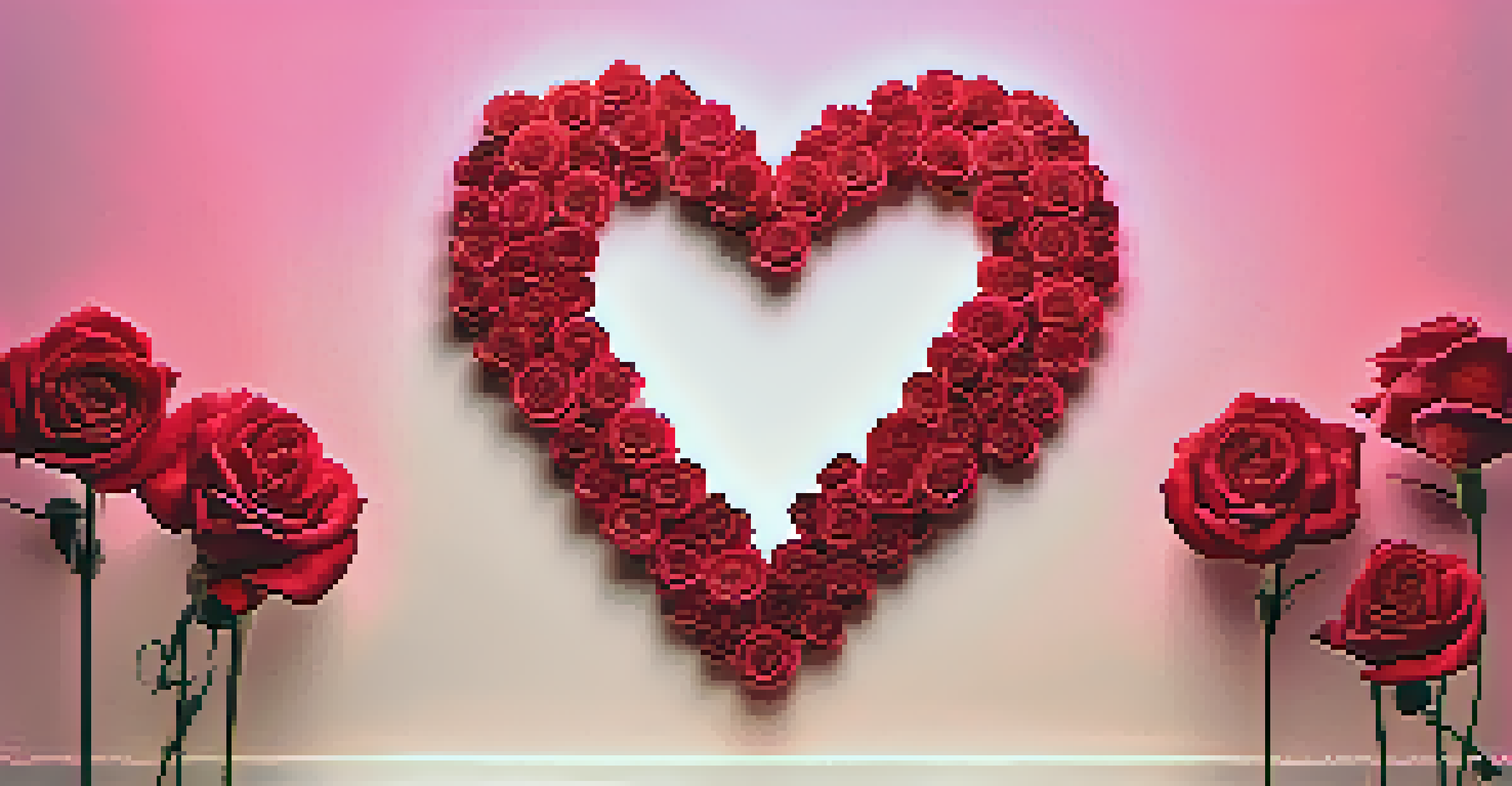 An artistic heart symbol made from red roses with warm lighting and a soft pink and white background.
