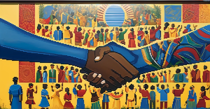 A colorful mural showcasing people of various backgrounds holding hands, representing unity and social justice in an urban setting.