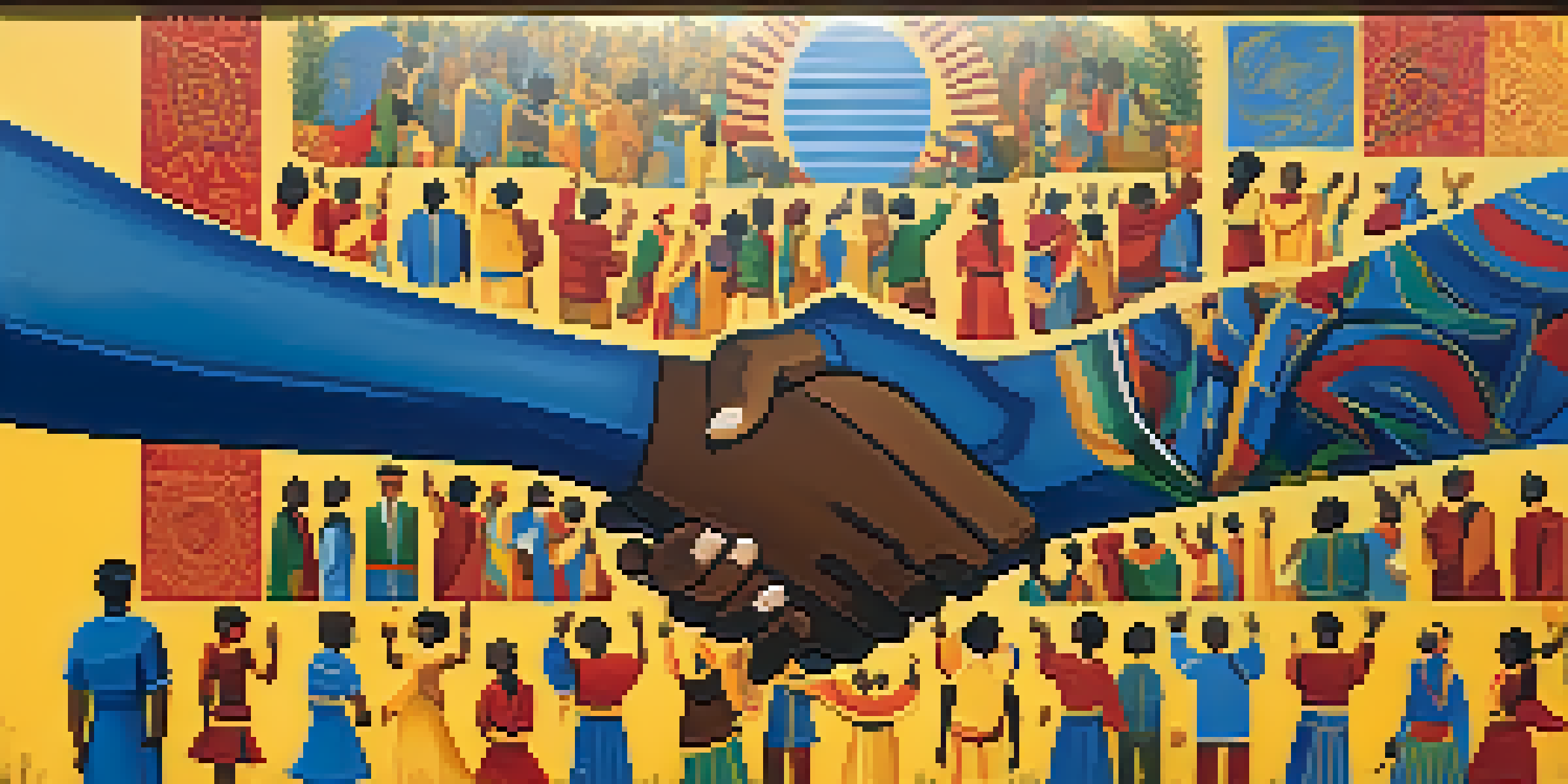 A colorful mural showcasing people of various backgrounds holding hands, representing unity and social justice in an urban setting.